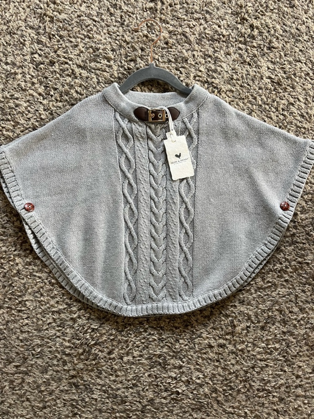 Gray Cable-Knit Kids Poncho with Buckle Neck